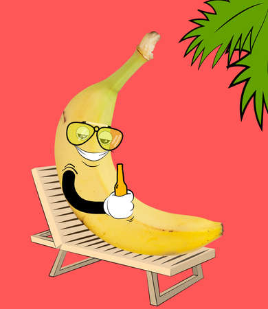 Funny cute yellow banana, like hipster, dude at summer vacation isolated over coral background. Drawn fruit in a cartoon style. Vitamins, healthy lifestyle.の写真素材