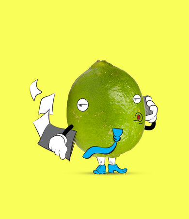 Contemporary collage. Funny cute green lime talking on phone isolated over yellow background. Drawn citrus in a cartoon style.の写真素材