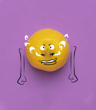 Contemporary collage. Cute angry lemon isolated over purple background. Drawn citrus in a cartoon...