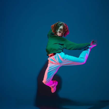 Art collage. Young woman, hip hop dancer headed of dogs head dancing isolated on navy old color...