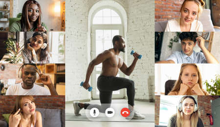 Collage made of young multiethnic men and women watching online sport trainings, using video app. PC, laptop screen with fitness coachの写真素材