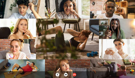 Collage made of young multiethnic men and women watching online sport trainings, using video app. PC, laptop screen with fitness coachの写真素材