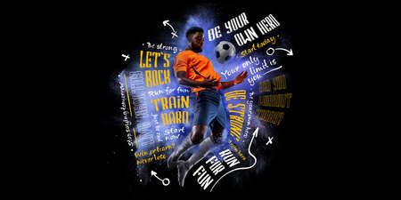 Artwork. Sportive african-american man, male football player in motion and action with ball isolated...
