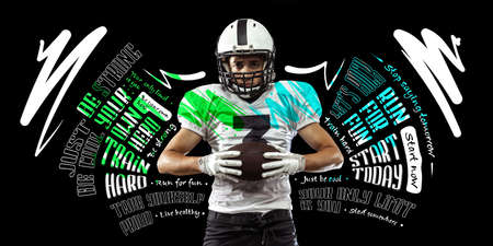 Poster with sportive african-american man, american football player in motion and action with ball...