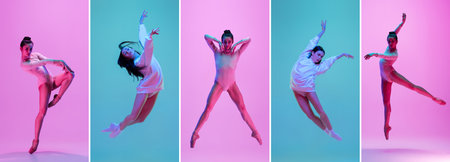 Collage. Graceful movements of one beautiful ballerina dancing isolated on blue background in neon light. Concept of art, theater, beauty and creativityの写真素材