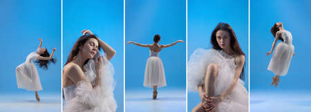 Development of movements of one beautiful ballerina dancing isolated on blue background. Concept of art, theater, beauty and creativityの写真素材