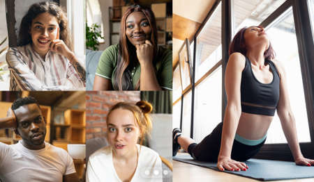 Young multiethnic people, men and women watching yoga trainings, sport tv programme using video app. PC, laptop screen. Collageの写真素材
