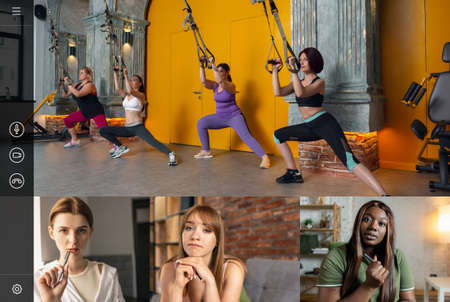 Young multiethnic people watching together online fitness trainings, sport tv programme using video app. PC, laptop screenの写真素材