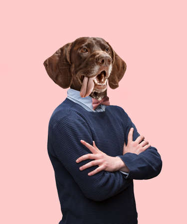 Contemporary artwork, conceptual collage. Man headed by dog head. Trendy colors.の写真素材