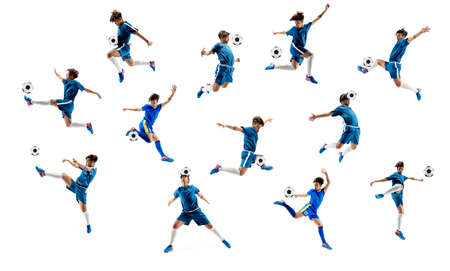 Collage made of shots of one professional football soccer player with ball in motion, action isolated on white studio background.の写真素材