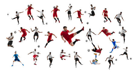 Collage made of professional football soccer players with ball in motion, action isolated on white studio background.の写真素材
