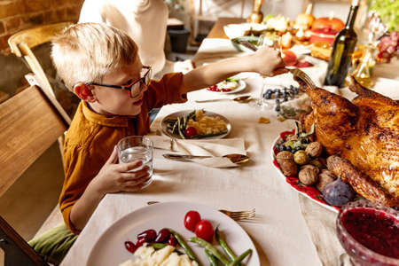 Little cute boy, kid visits grandparents and celebrate Thanksgiving day at home, indoors. Family, holiday concept.の写真素材