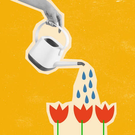 Contemporary art collage, modern design. Summer time mood. Female hand watering flowers.の写真素材