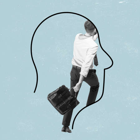 Young businessman, finance analyst or clerk in business clothes isolated on light background. Concept of mental health, inner worldの写真素材