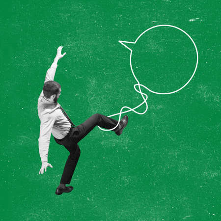 Young businessman, finance analyst or clerk in business clothes isolated on green background. Concept of mental health, inner worldの写真素材