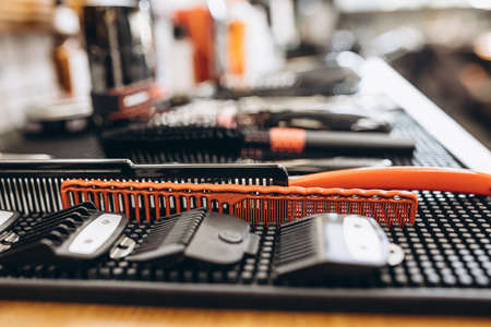 Close-up professional equipment, tools of barber, clipper. Beauty, style, fashion, healthcare and male cosmetics concept.の写真素材
