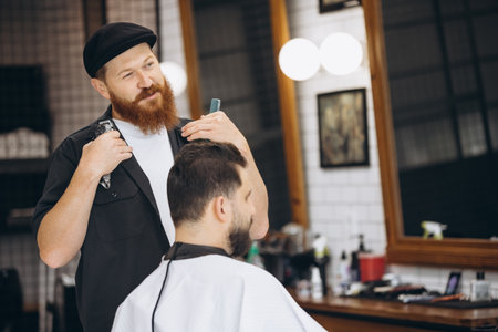Professional barber, clipper making hair cut to customer, young man at barbershop. Beauty, selfcare,...