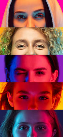 Collage of close-up male and female eyes isolated on colored neon backgorund. Multicolored stripes.の写真素材