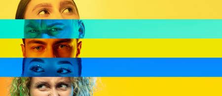 Collage of close-up male and female eyes isolated on colored neon backgorund. Multicolored stripes.の写真素材