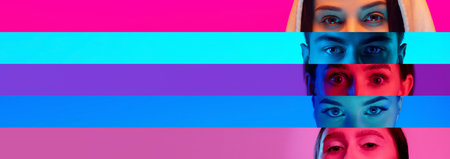 Collage of close-up male and female eyes isolated on colored neon backgorund. Multicolored stripes.の写真素材