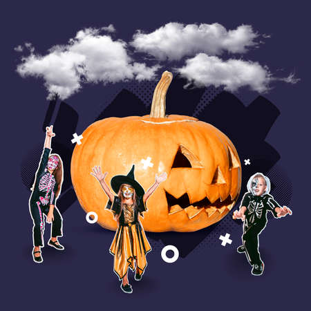 Artwork. Cute kids or teens wearing costumes of witches and vampires with bones and glitter isolated on abstract background.の写真素材