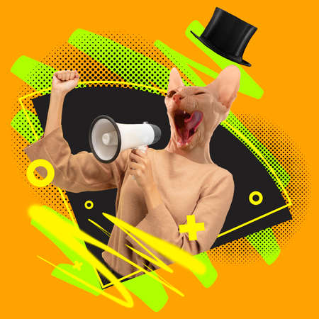 Contemporary art collage. Woman headed of cats head shouting at megaphone. Black friday, cyber...