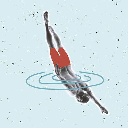 Contemporary art collage, modern design. Swimmer jumping into drwan ocean, sea on pastel background.の写真素材
