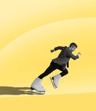 Business man rushing to corporate christmas party. Contemporary art collage. Holiday, winter, wishes, New Year and Christmas 2022 concept.の写真素材