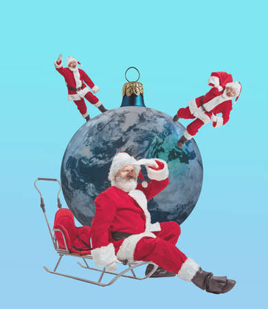 Emotional Santa Claus congratulating with New Year and Christmas 2022 all people in world, Contemporary art workの写真素材