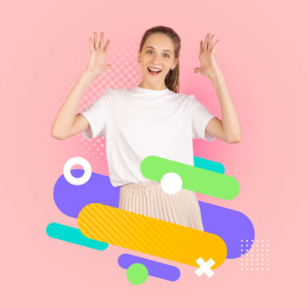 Happy young womans portrait isolated over dark green background with abstract neon lines. Bright artworkの写真素材