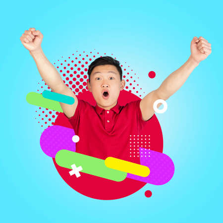 Contemporary artwork. Poster. Young excited man rejoices at success, win isolated on colorful neon backgroud. Human emotions concept.の写真素材