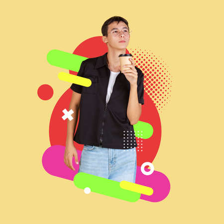 Contemporary artwork. Young smiling man in casual clothes isolated on colorful neon backgroud. Human emotions concept.の写真素材