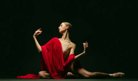 Graceful classic ballerina posing like greek goddess isolated on dark studio background. Grace, art, performance concept.の写真素材
