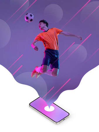 Contemporary art collage. Inspiration, idea, magazine style. Sport. Professional male soccer, football player on bright neon abstract backgroundの写真素材