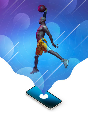 Contemporary art collage. Inspiration, idea, magazine style. Sport. Professional male basketball player on bright neon abstract backgroundの写真素材
