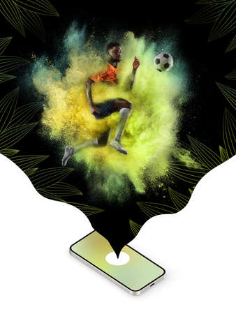 Contemporary art collage. Inspiration, idea, magazine style. Sport. Professional male football...