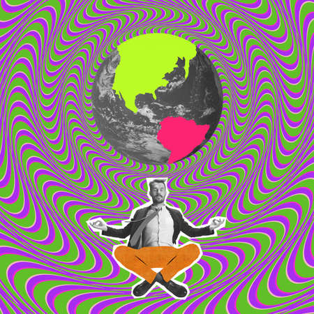 Conceptual image with portrait of young man sitting in lotus positin over abstract neon background. Contemporary art collageの写真素材