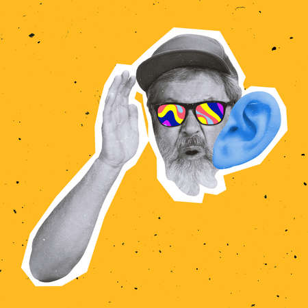 Contemporary art collage, modern design. Inspiration, ideas, trendy magazine style. Old man isolated over bright background.の写真素材