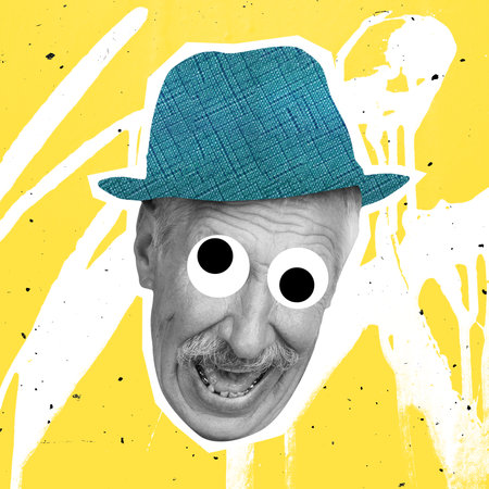 Contemporary art collage, modern design. Inspiration, ideas, trendy magazine style. Old man isolated over bright background.の写真素材