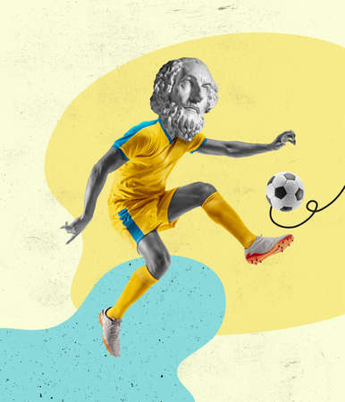 Contemporary art collage. Inspiration, idea, trendy magazine style. Male football player headed of ancient statue head on light background.の写真素材