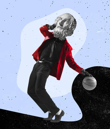 Contemporary art collage. Inspiration, idea, trendy magazine style. Stylish male basketball player headed of ancient statue head on light background.の写真素材