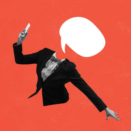 Modern design, contemporary art collage. Inspiration, idea, trendy urban magazine style. Woman with speech bubble instead head on red backgroundの写真素材