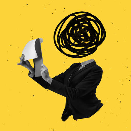 Modern design, contemporary art collage. Inspiration, idea, trendy urban magazine style. Chaos, mess in womans head on yellow backgroundの写真素材