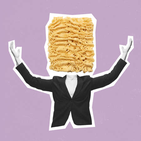 Modern design, contemporary art collage. Inspiration, idea, trendy urban magazine style. Man in business suit with noodles instead headの写真素材