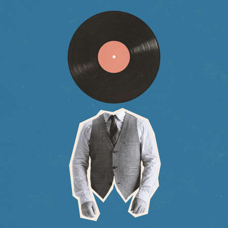 Modern design, contemporary art collage. Inspiration, idea, trendy urban magazine style. Man in business suit with vinyl record instead headの写真素材