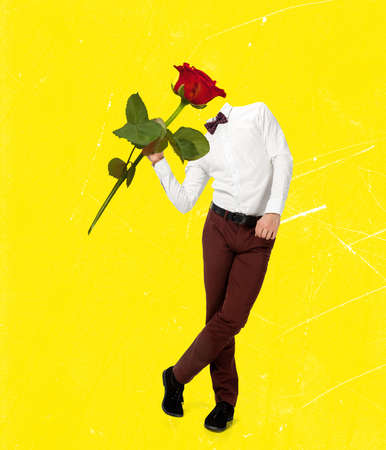 Contemporary art collage, modern design. Retro style. Young stylish man headed by red rose flower. Surrealismの写真素材