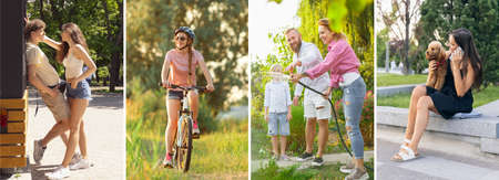 Composite image of photos of young men and women, family spending time together in summer time. Lifestyle, friendship, nature, loveの写真素材