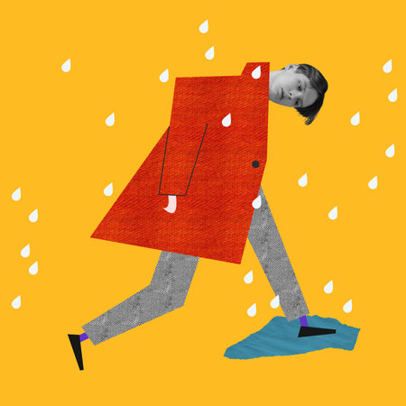 Modern design, contemporary art collage. Inspiration, idea, trendy urban magazine style. Boy on bright yellow backgroundの写真素材