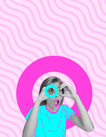 Contemporary colorful and conceptual bright art collage. Modern design. Ideas, inspiration, fashion and human emotions conceptの写真素材