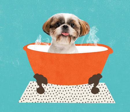 Contemporary art collage, modern creative design. Idea, inspiration, care, trend magazine style. Dog taking bathの写真素材